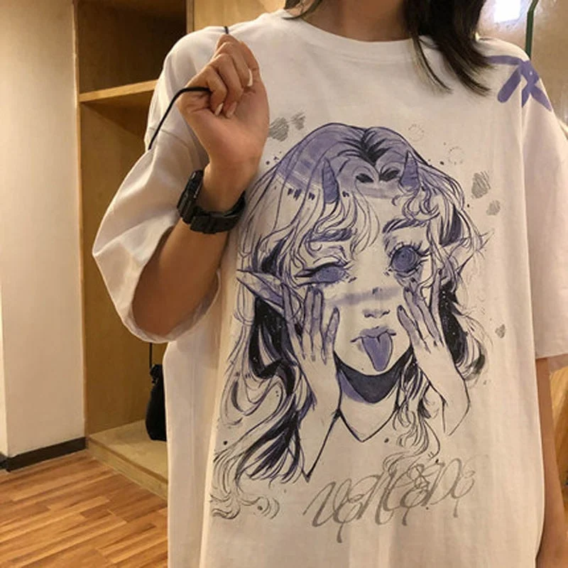 Amy Fashion - White Cartoon Female Kawaii Tops Tee