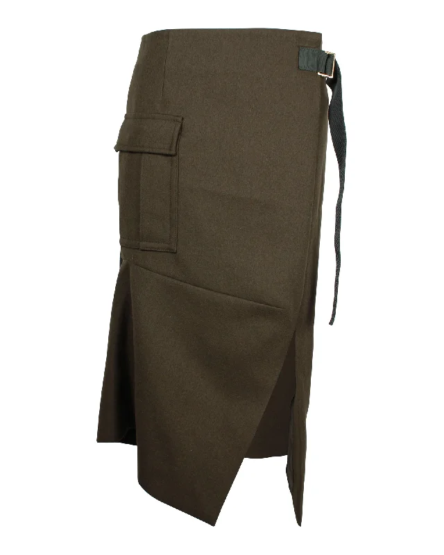 Sacai Asymmetric Side Slit Skirt in Khaki Wool