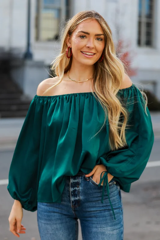 FINAL SALE - Utterly Enchanted Hunter Green Satin Blouse