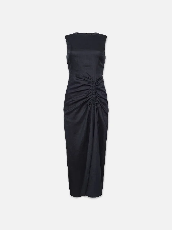 Sleeveless Ruched Front Tie Dress -- Navy