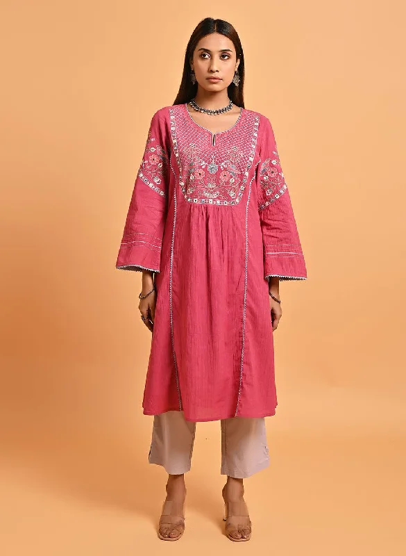 Carrot Pink Embroidered Long Kurta for Women