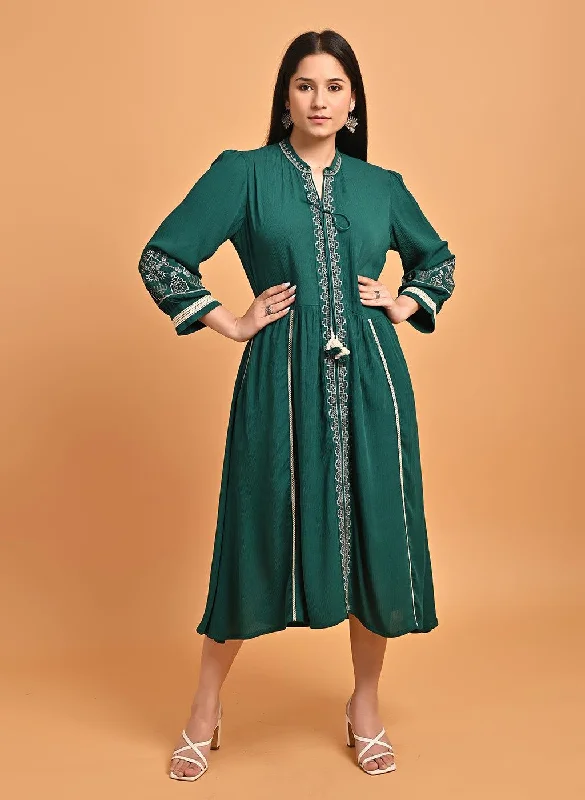 Green A-Line Boho Long Dress with Dori Tie Neck