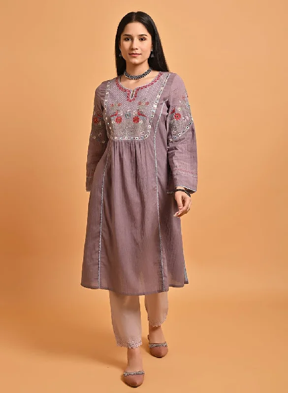 Light Purple Embroidered A-Line Long Kurta