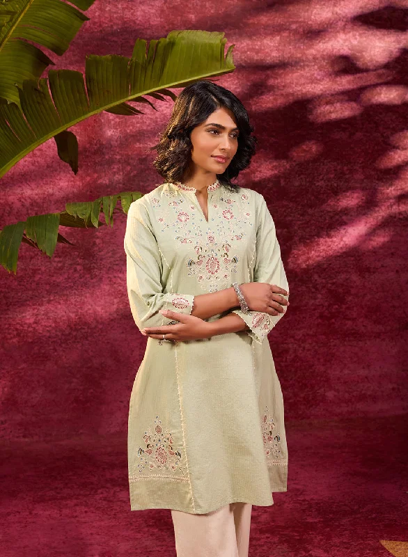 Zeenat Mint Green Embroidered Striped Cotton Designer Kurta for Women