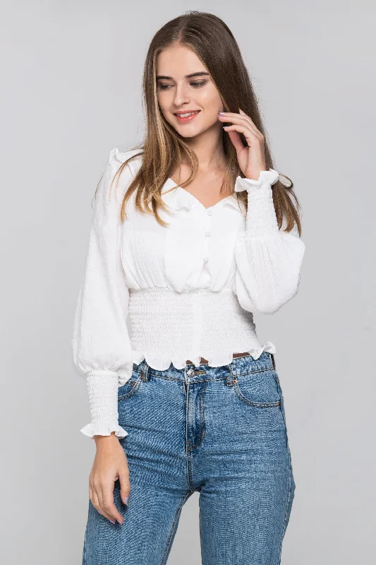 White Smocked Waist Ruffle Collar Blouson Top