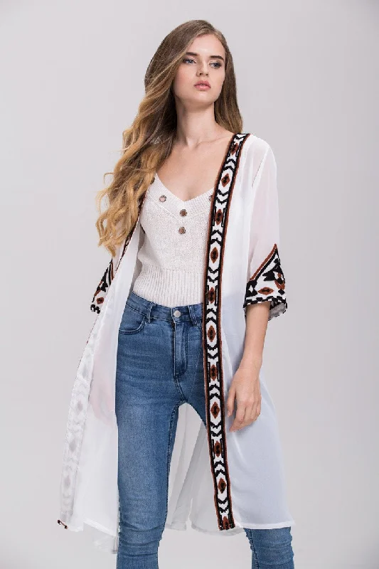 White Sheer Aztec Trim Robe Cardigan Top