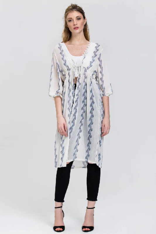 White Sheer Feather Print Long Robe Top