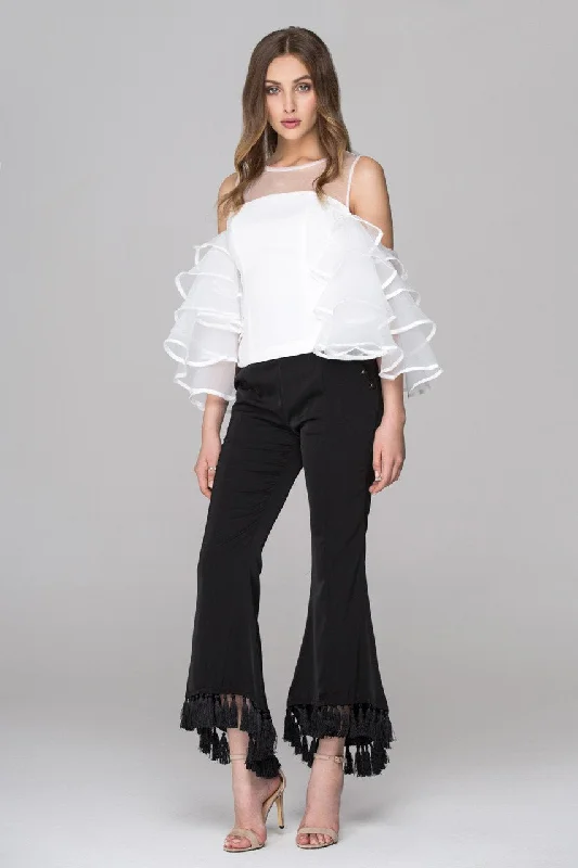 White Sheer Yoke Tiered Ruffle Sleeve Top