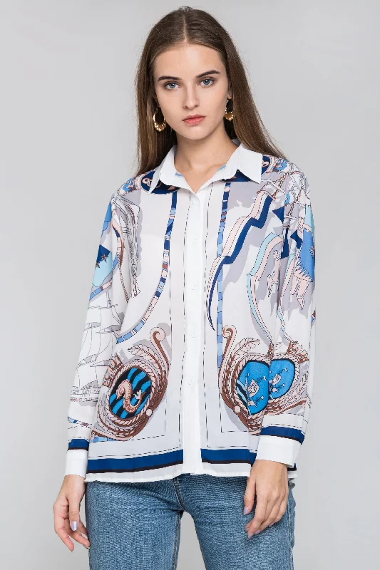 White Silk Scarf Nautical Print Top