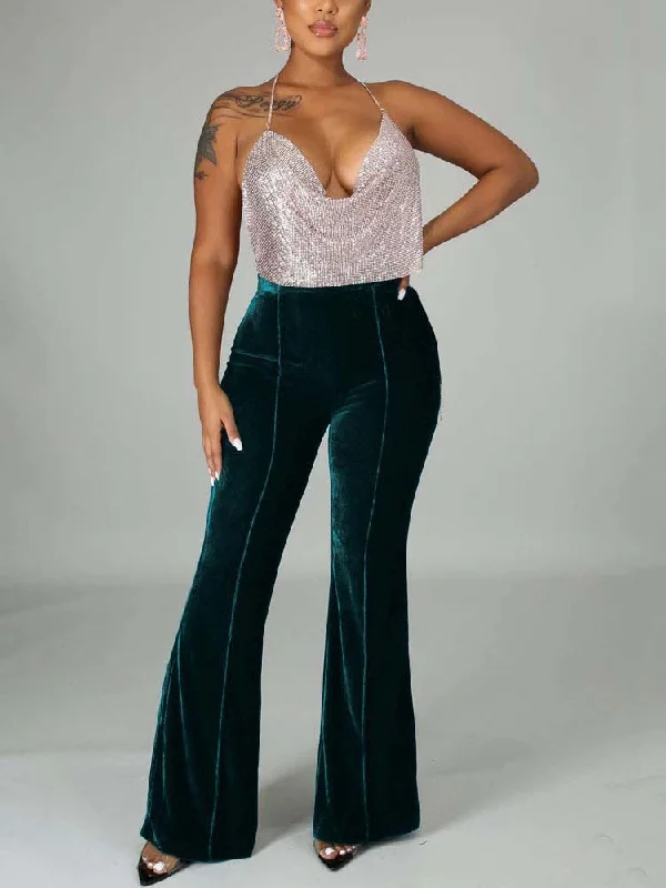 Amy Fashion - Velvet Velour Flared Bell Bottoms High Waist Pants