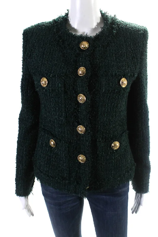 Balmain Womens Tweed Fringe Button Up Crew Neck Jacket Dark Green