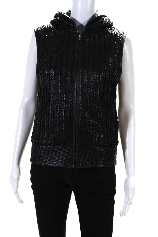 Blue Ice Womens Leather Woven Textured Sleeveless Hooded Jacket Black