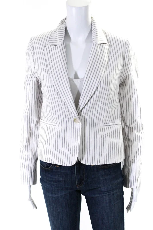 Drew Womens Striped Single Button Cropped Jacket White Black Cotton