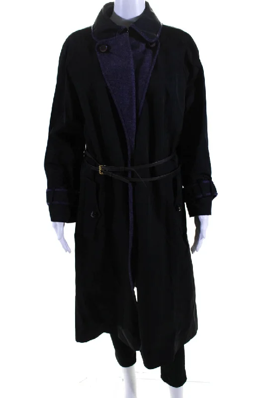 Escada Womens Button Down Trench Coat Black Purple Cotton