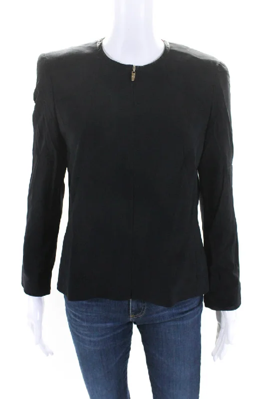 Escada Womens Satin Trim Full Zip Crew Neck Jacket Black Wool