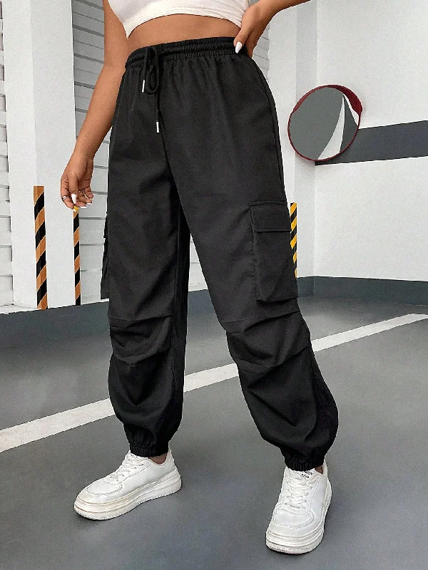 Amy Fashion - Flap Pocket Side Drawstring Waist Cargo Pants