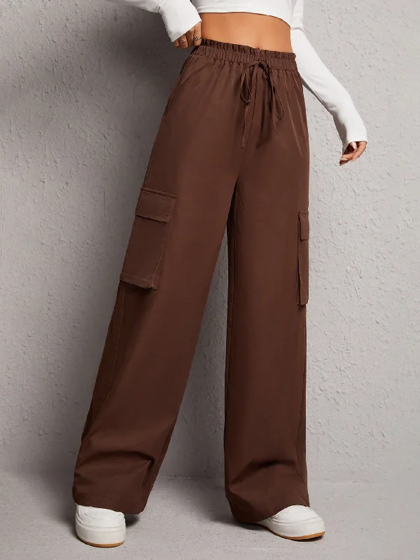 Amy Fashion - Flap Pocket Side Drawstring Waist Cargo Pants