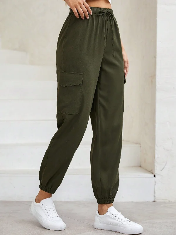 Amy Fashion - Flap Pocket Side Drawstring Waist Cargo Pants