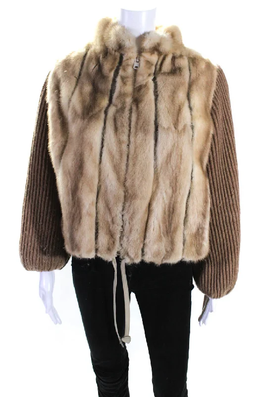 Furs by Erika Schon Women's Fox Fur Full Zip Leather Trim Jacket Beige