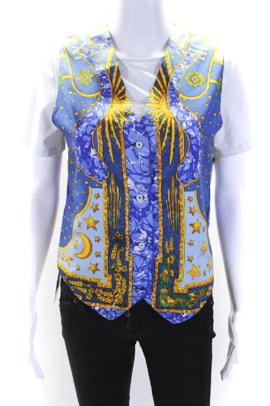 Hermes Womens Blue Gold Silk Graphic Print Four Button Vest Jacket