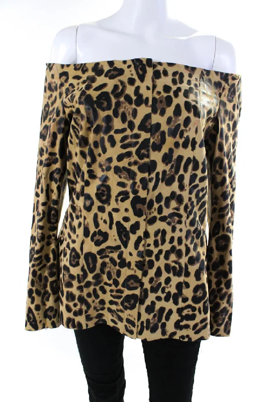 In Transit Womens Boat Neck Leopard Print Leather Jacket Black Brown