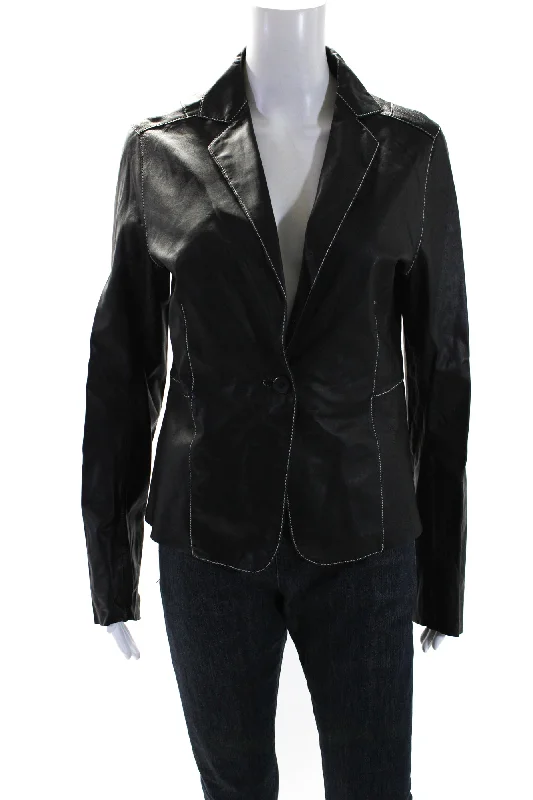 Jackett Womens Leather Darted Collared Buttoned Long Sleeve Jacket Black