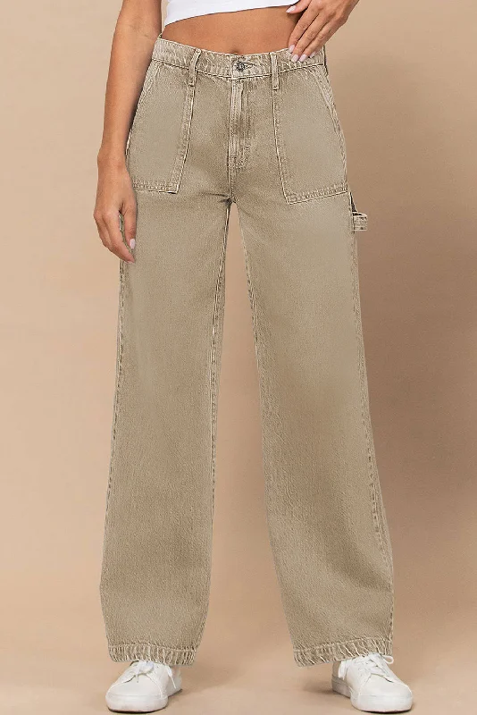 Khaki High Waist Flap Pocket Wide-Leg Jeans