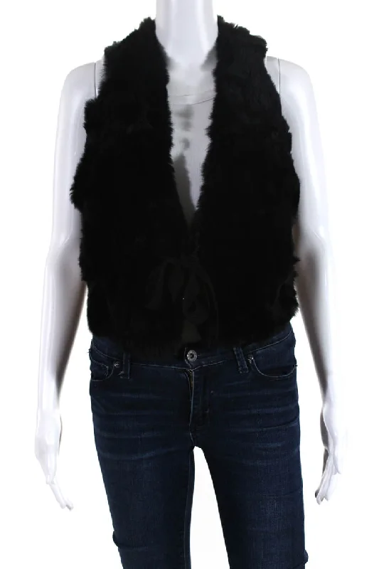 Linda Richard Women's Rabbit Fur Silk Lined Sleeveless Vest Black