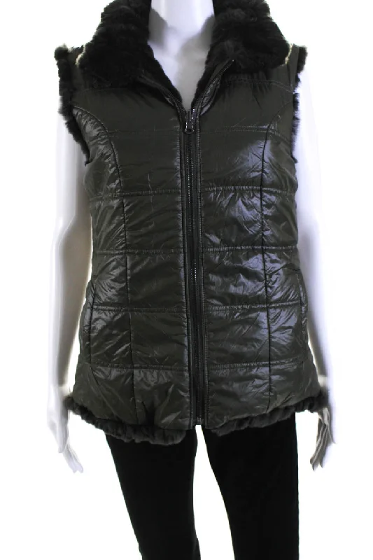 Linda Richards Womens Green Rex Rabbit Fur Reversible Vest Jacket