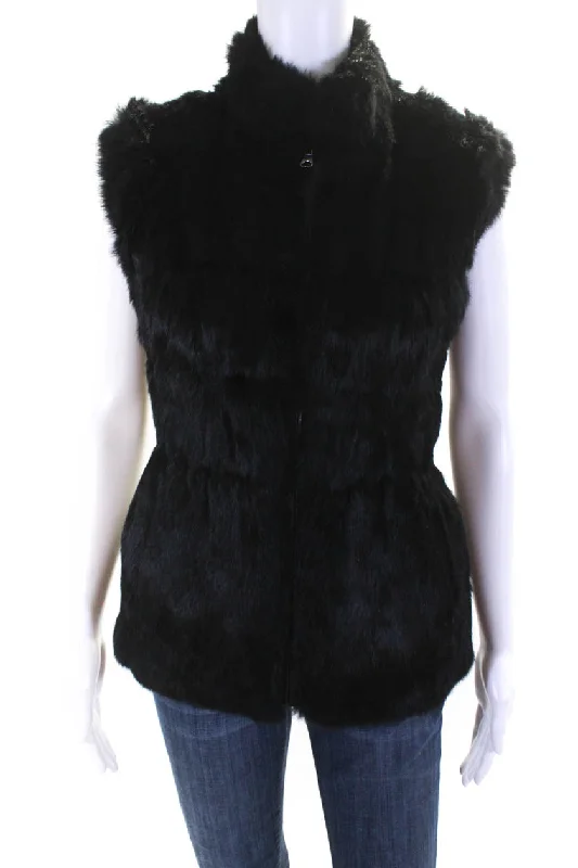 Linda Richards Womens Reversible Silk Knit Rabbit Fur Vest Jacket Black Wool XS