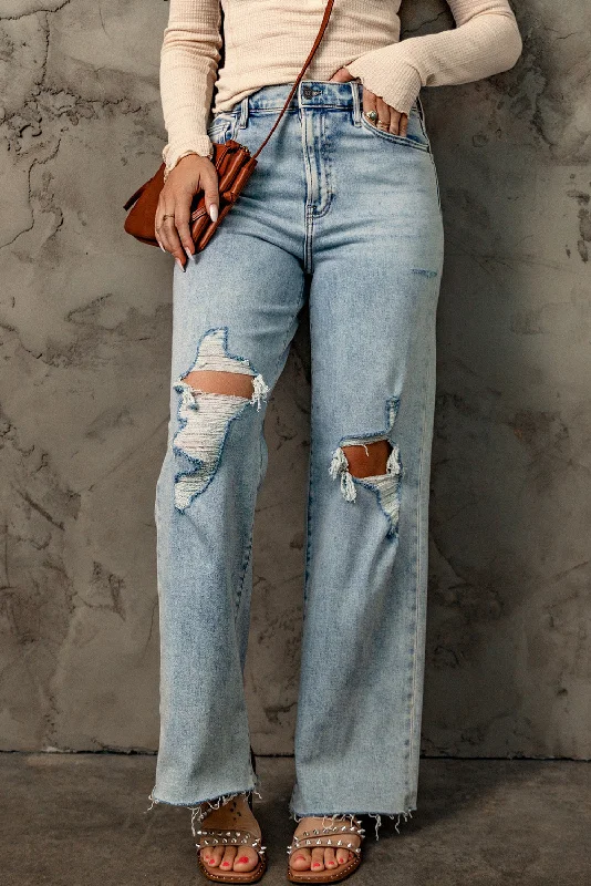 Sky Blue Distressed Frayed Hem Holed Straight Leg Loose Jeans