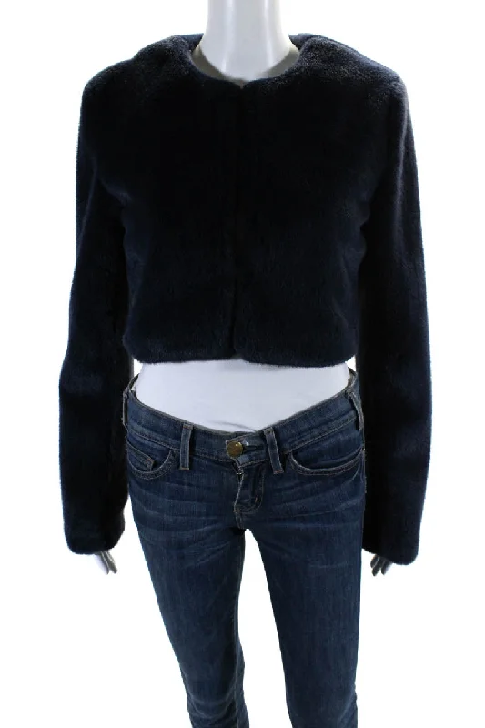 Staud Womens Casimira Faux Fur Hook & Eye Crop Jacket Navy Blue