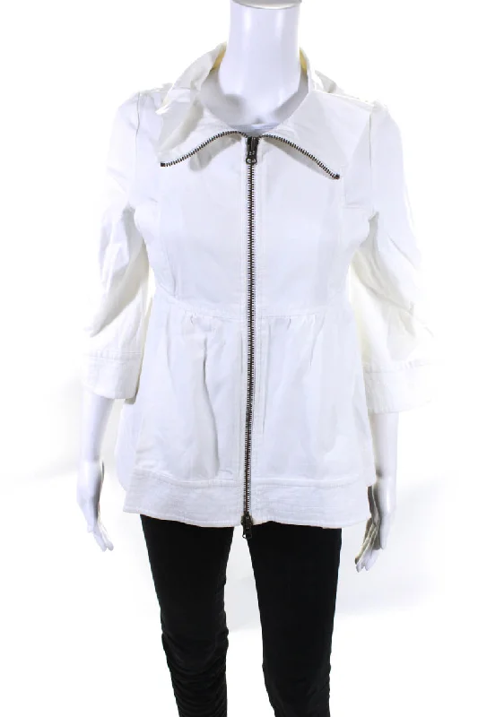 Valentino Womens Front Zip 3/4 Sleeve Collared Jacket White Cotton