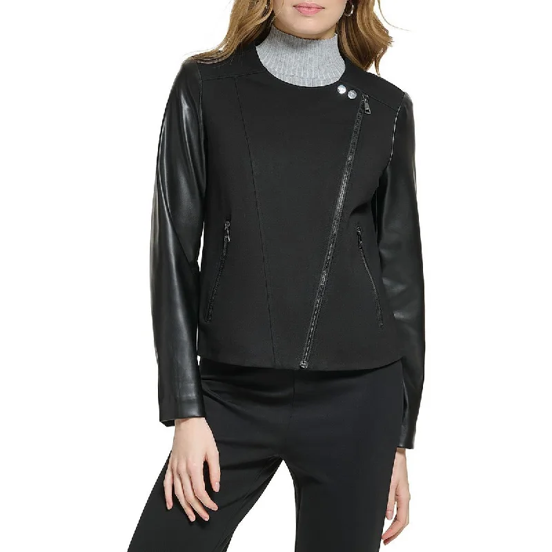 DKNY Womens Faux Leather Collarless Motorcycle Jacket