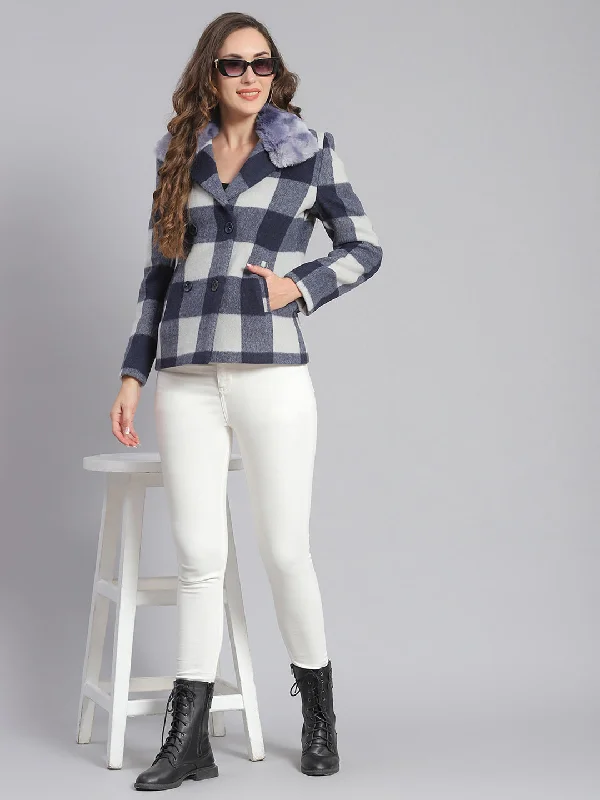 Women Blue Check Collar Full Sleeve Coats