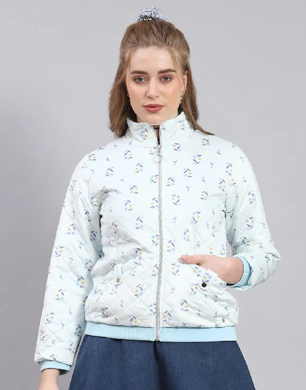 Women Blue Printed Stand Collar Full Sleeve Jacket