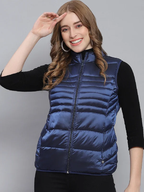 Women Blue Solid Stand Collar Sleeveless Jackets