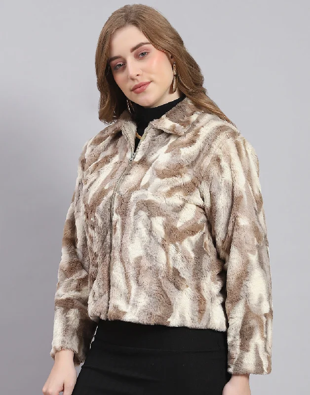 Women Brown Printed Stand Collar Full Sleeve Jacket