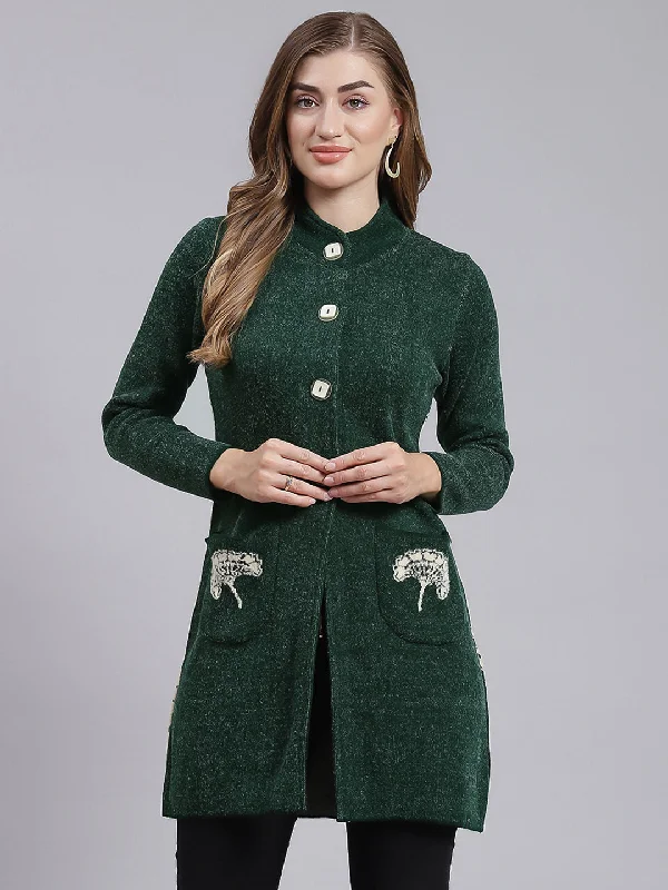 Women Green Jaquard Wool blend Knitted Coat