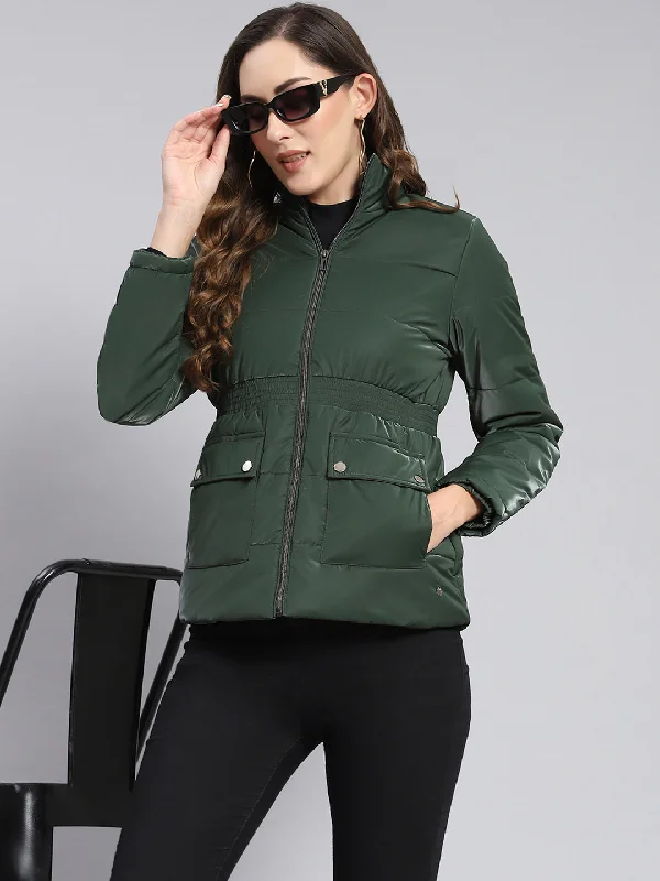 Women Green Solid Stand Collar Full Sleeve Jackets