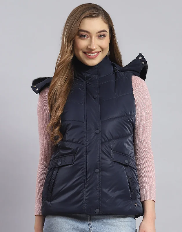 Women Navy Blue Solid Hooded Sleeveless Jacket