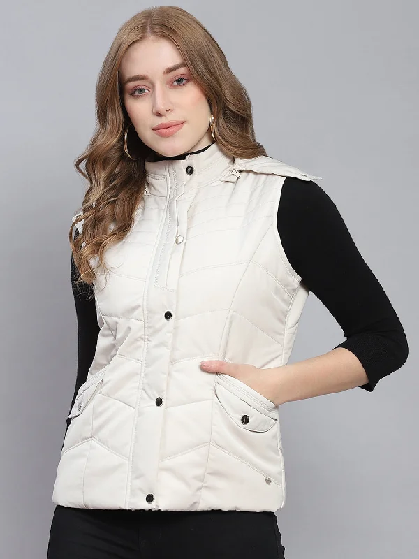 Women Off White Solid Hooded Sleeveless Jackets