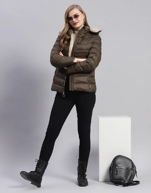 Women Olive Solid Hooded Full Sleeve Jacket