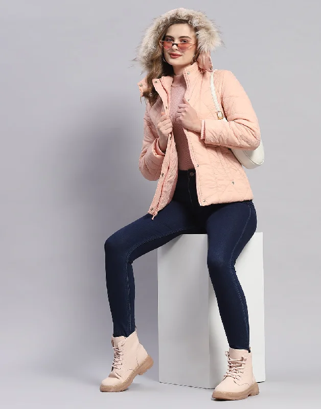 Women Peach Solid Hooded Full Sleeve Jacket