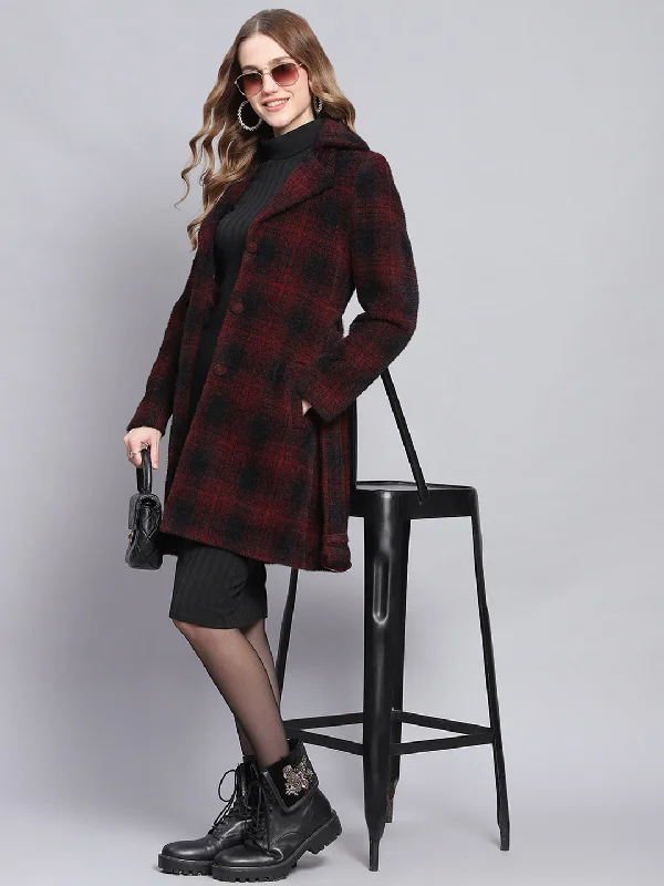 Women Red Check Lapel Collar Full Sleeve Coats