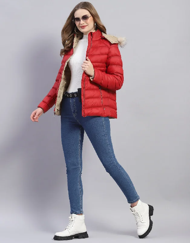 Women Red Solid Hooded Full Sleeve Jacket