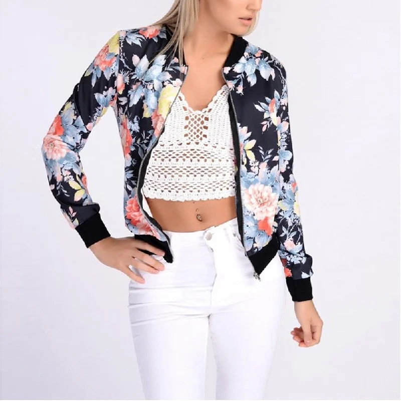 Women Retro Flower Floral Print Jacket Zipper Bomber Collar Slim Coat Casual Outwear Female Autumn Spring Jacket Fashion Ladies