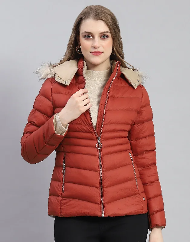 Women Rust Solid Hooded Full Sleeve Jacket