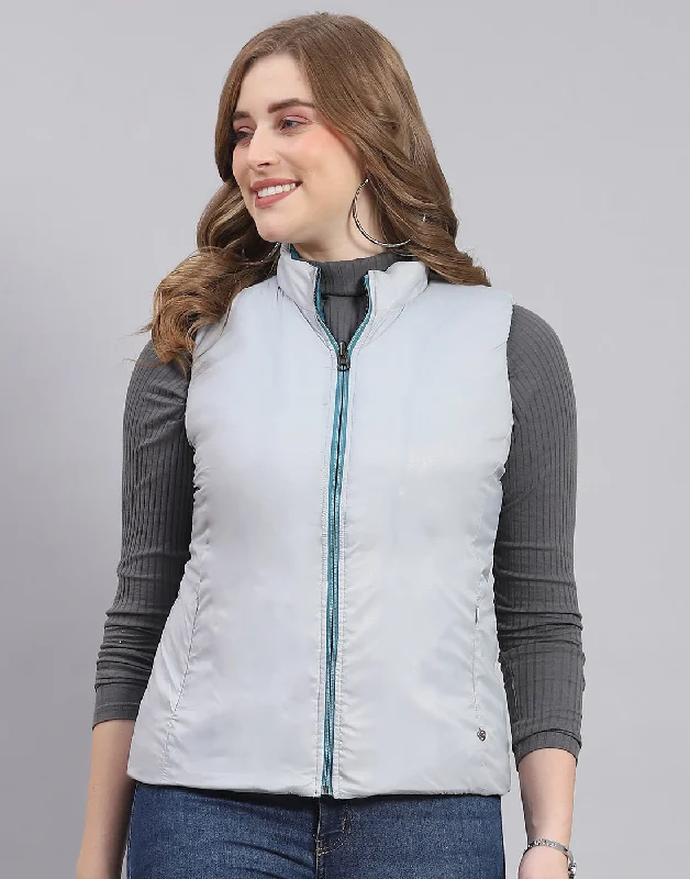 Women Teal Blue Solid Stand Collar Sleeveless Jacket