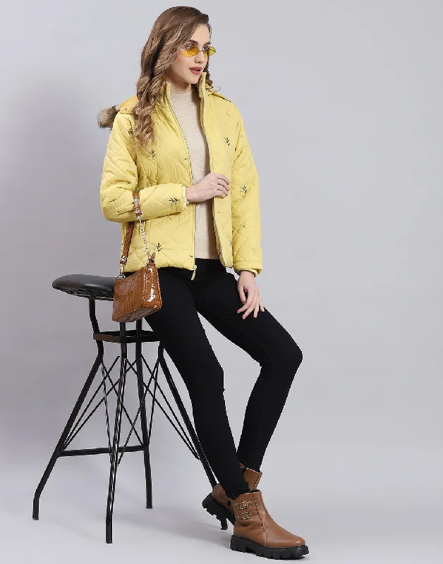 Women Yellow Embroidered Hooded Full Sleeve Jacket